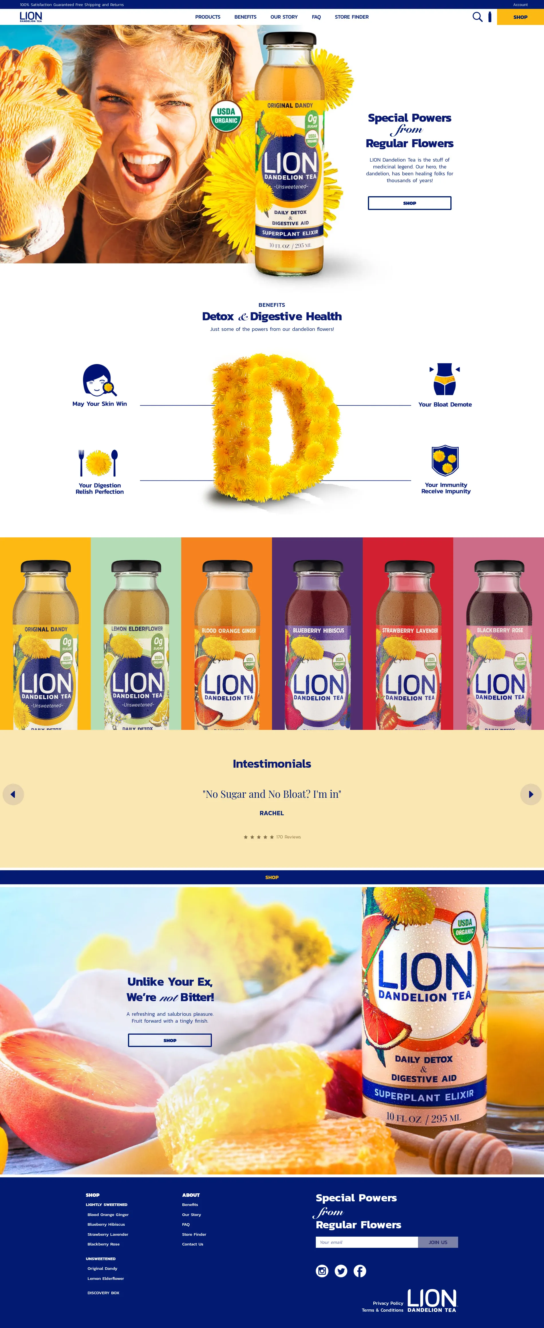 LION Tea brand homepage combining product storytelling, benefits, and colorful products