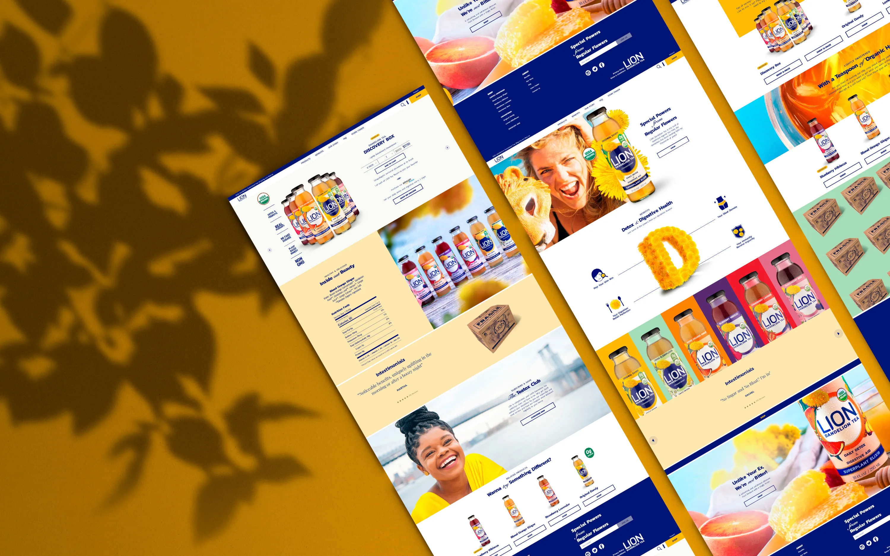 LION Tea website pages arranged across a yellow branded surface