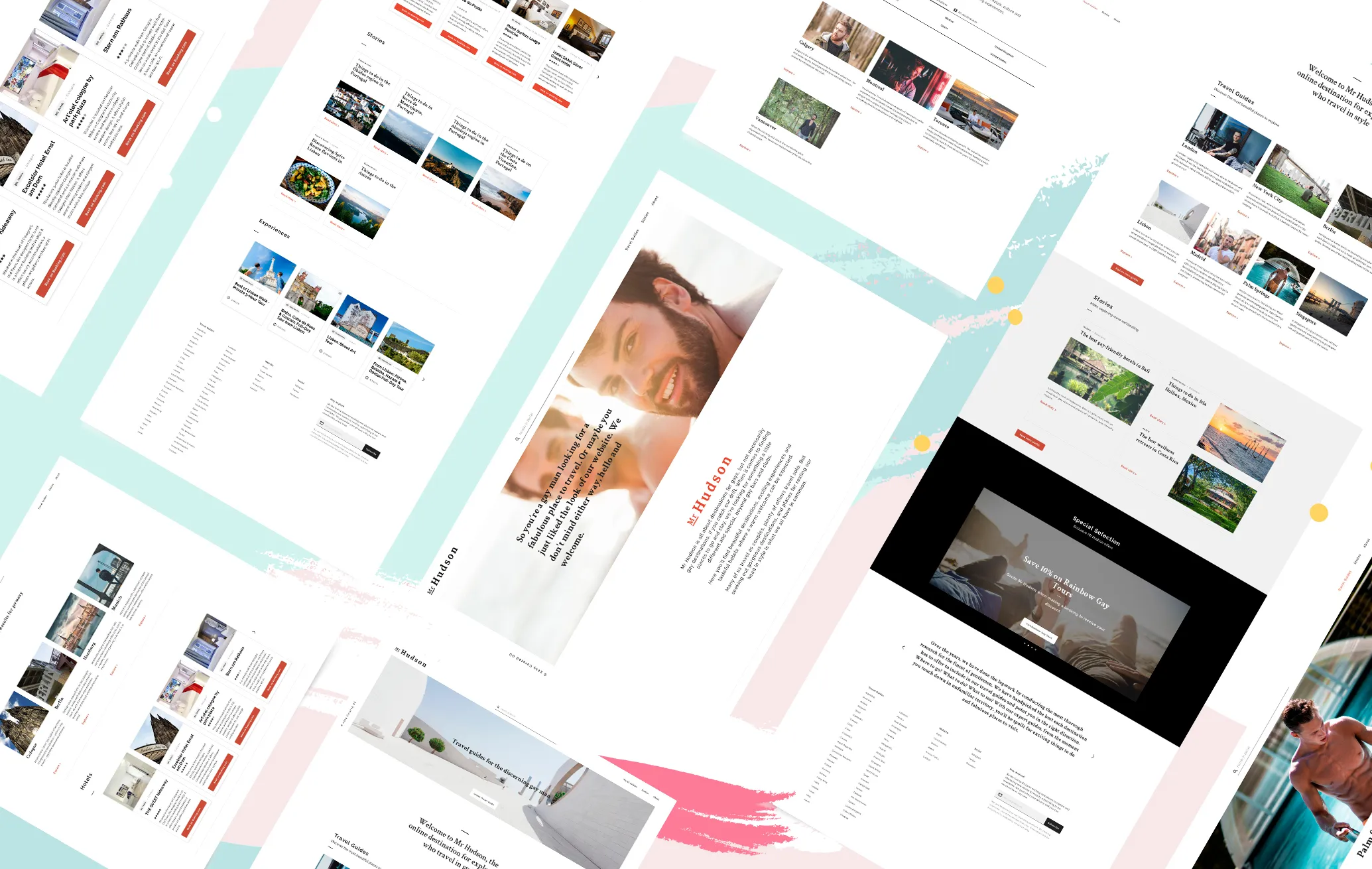 Collage of Mr Hudson travel guides, archive pages, stories, and editorial layouts