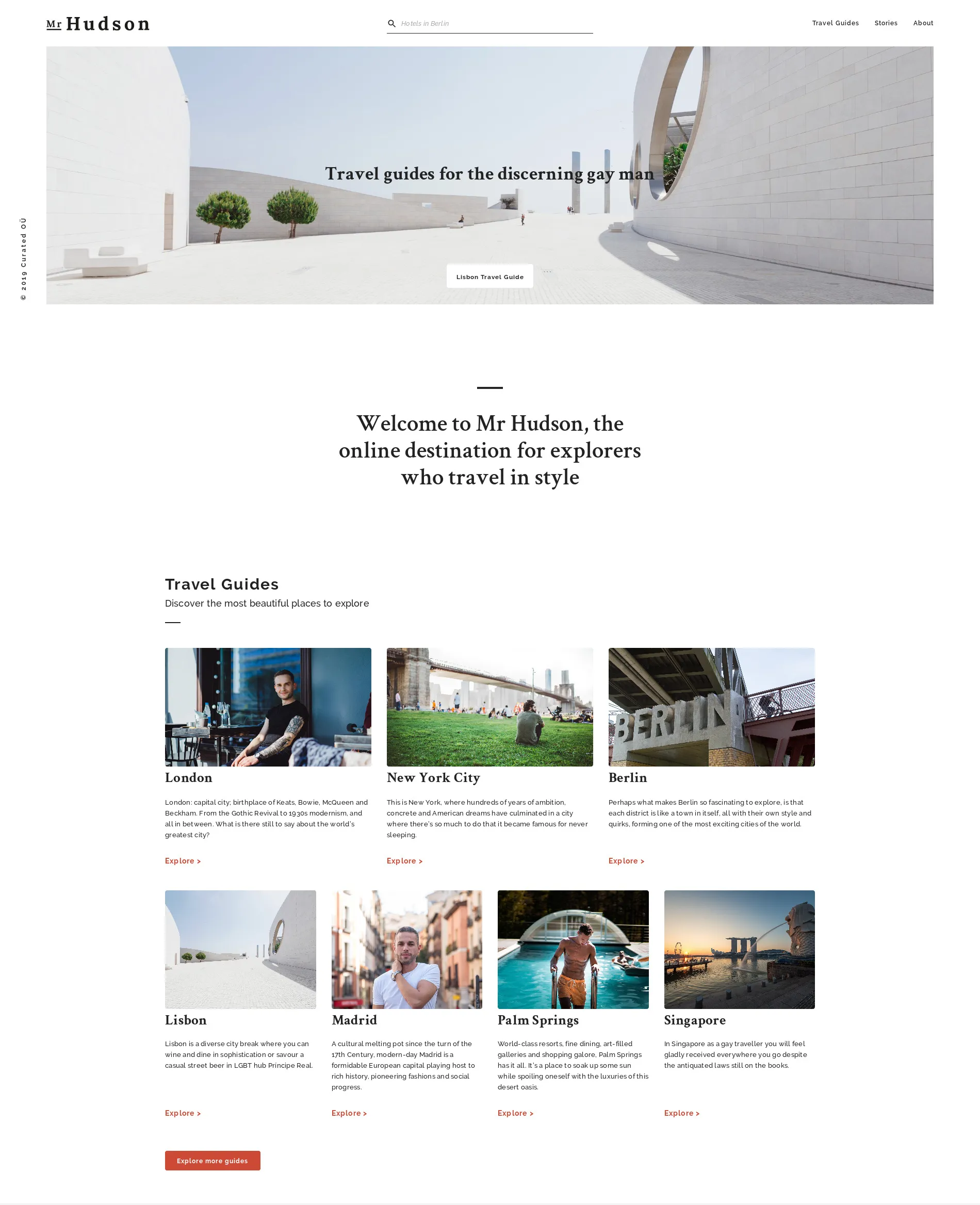 Mr Hudson homepage with travel guides, stories, and destination imagery