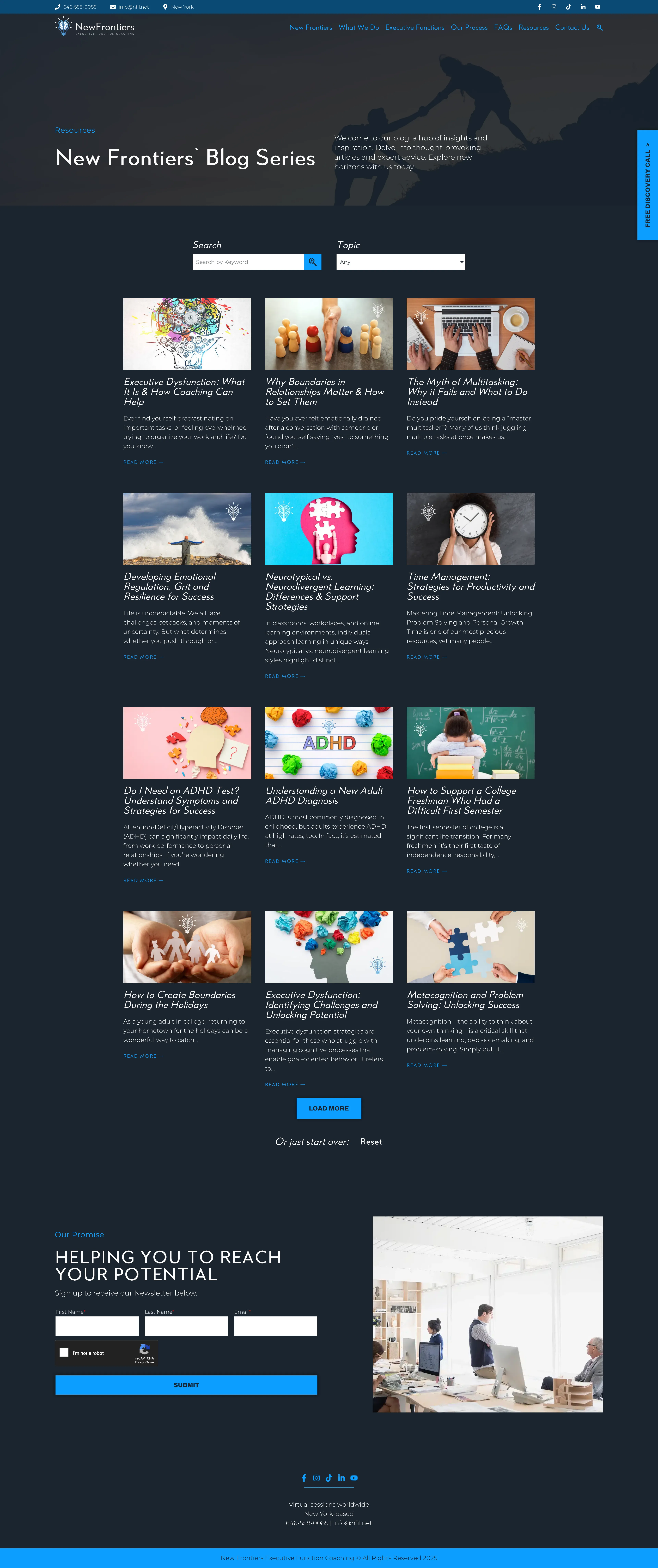 New Frontiers blog archive with filters, article cards, and newsletter content