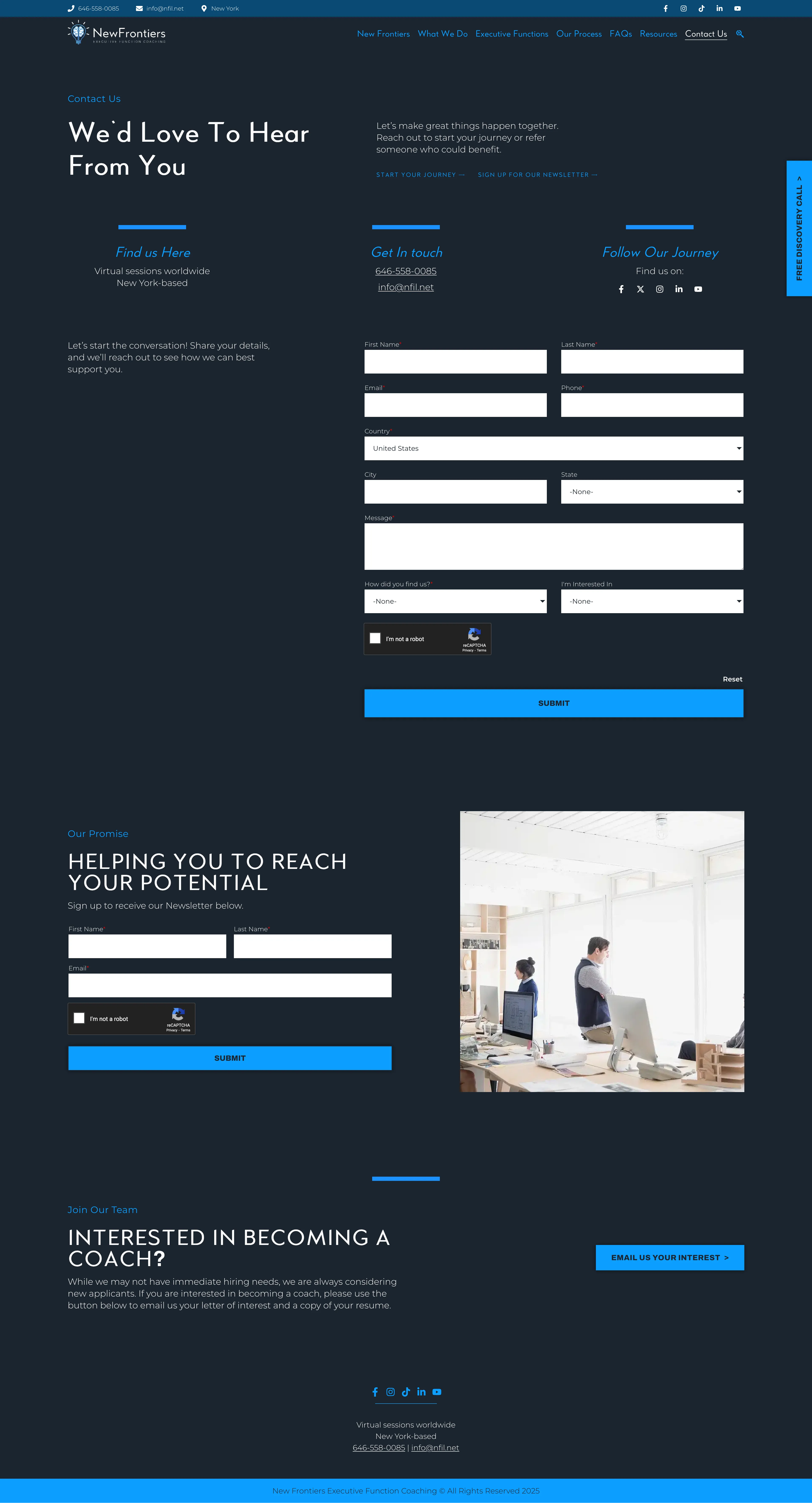 Redesigned New Frontiers contact page with structured form and newsletter areas