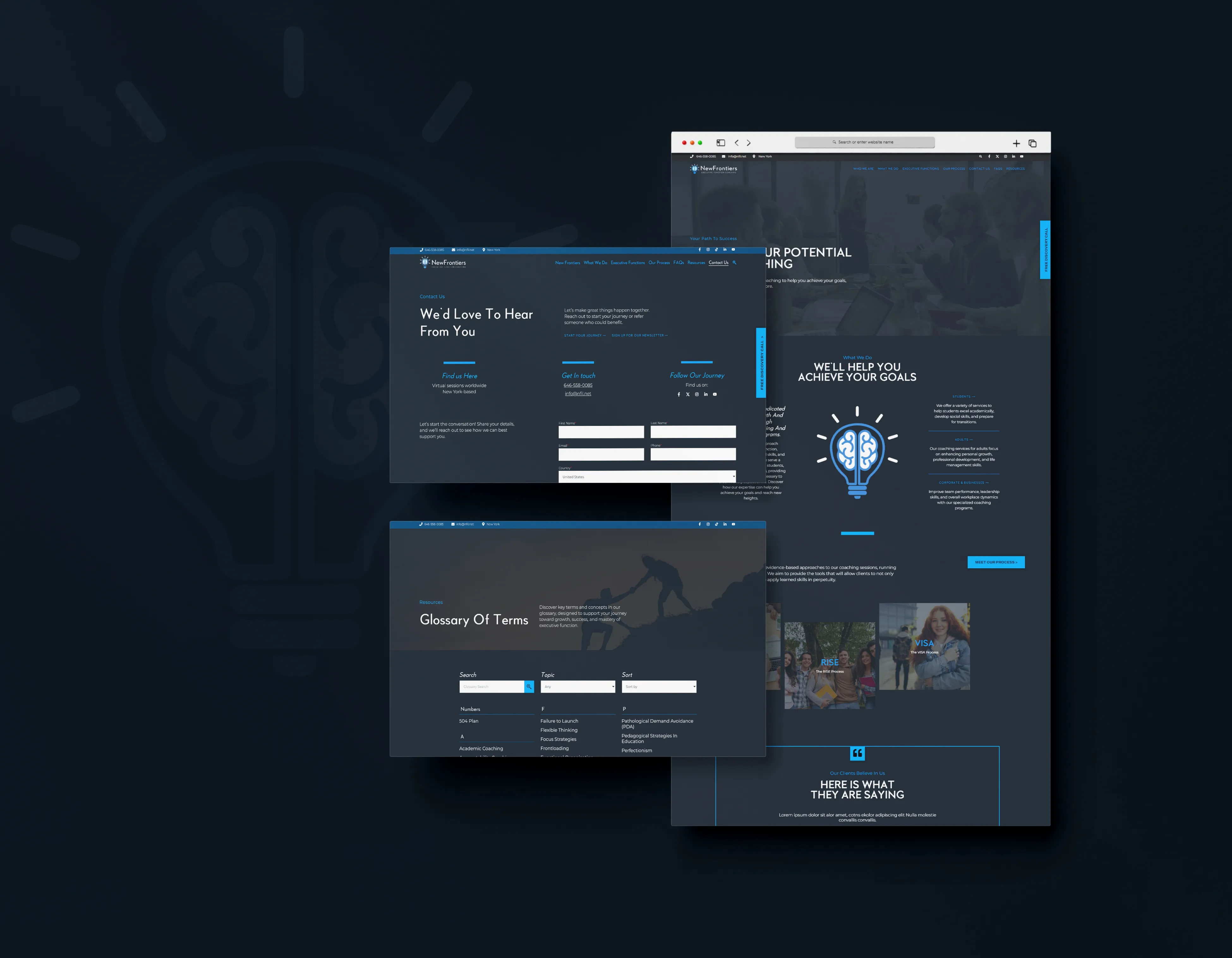 New Frontiers WordPress redesign shown across homepage, contact, and glossary layouts