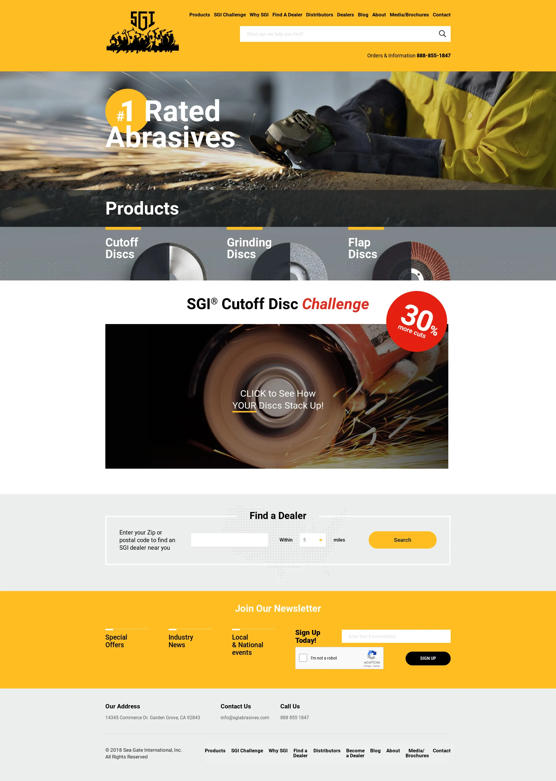 Industrial manufacturer homepage with product categories, comparison challenge, and dealer search