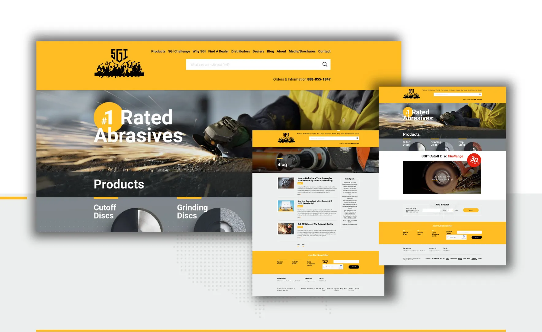 Responsive industrial manufacturer website shown across three desktop layouts