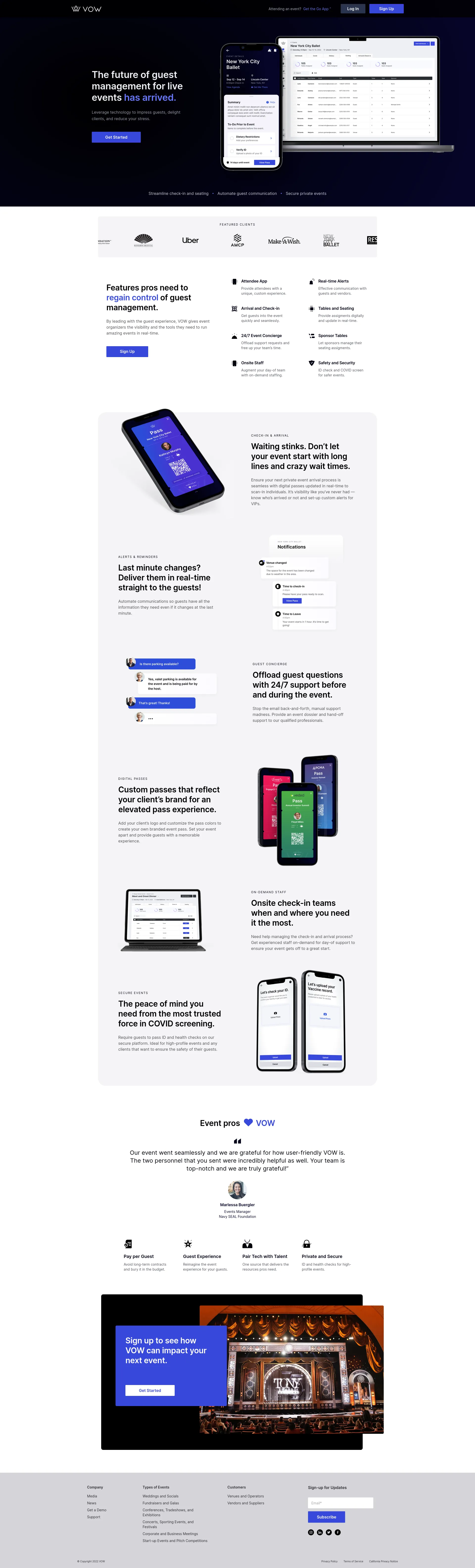 SaaS application marketing page with product interface examples and event management features